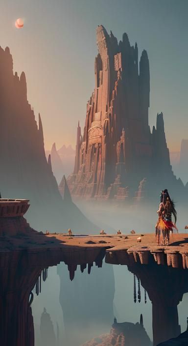 Native American Princess Overlooking Ancient City in Fantasy...