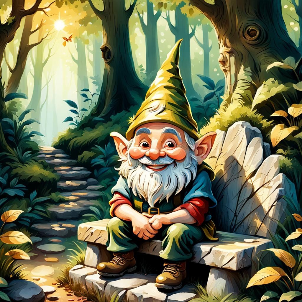 Smiling Gnome in Forest: Whimsical Fairy Tale Illustration