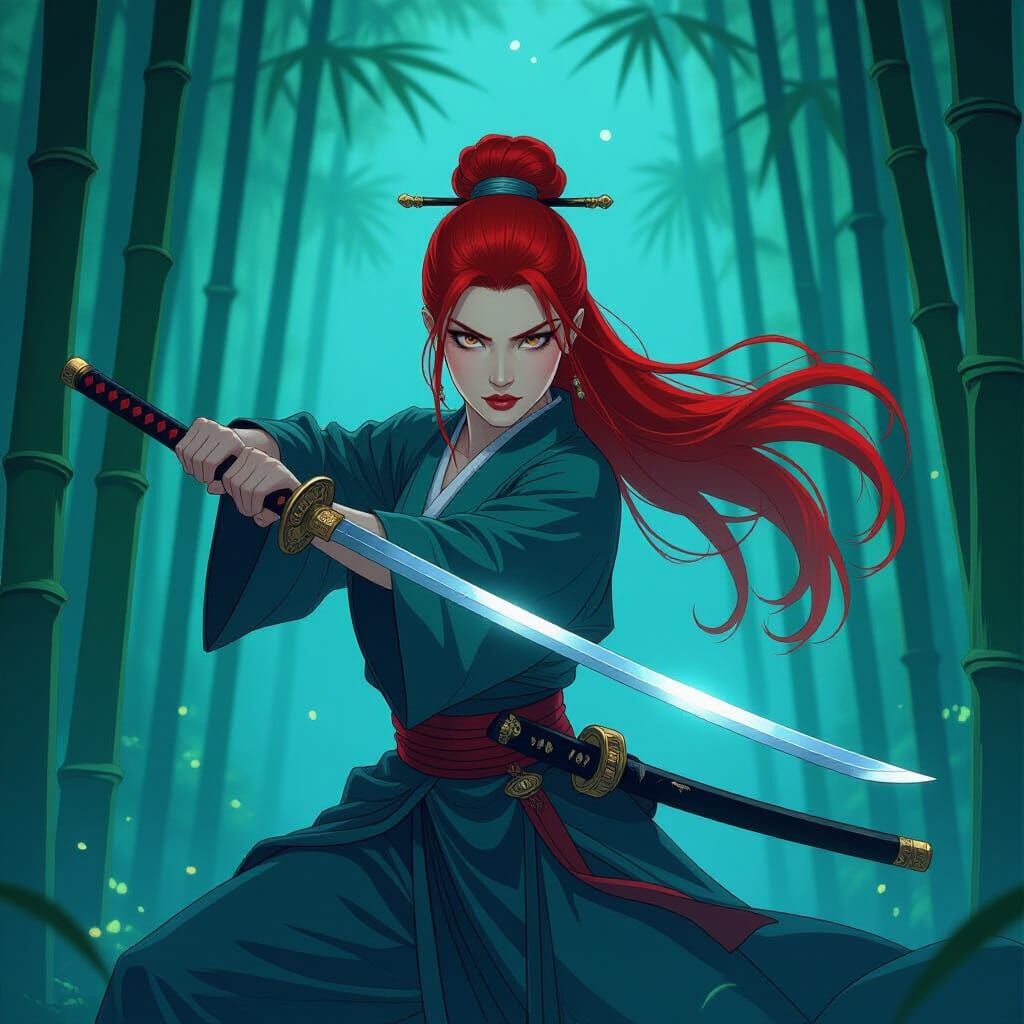 Red Haired Warrior in Moonlit Bamboo Forest