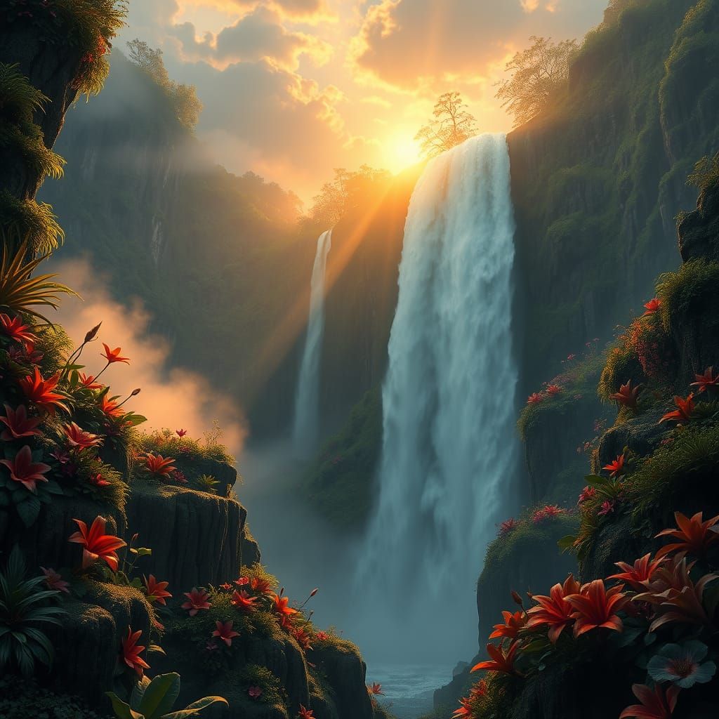 Exotic Waterfall Oasis in Vibrant, Cinematic Style