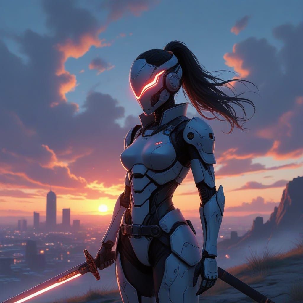 Cyborg Swordsman on Ruined City Hill