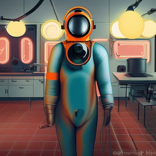 Vintage Diver in Mad Scientist Lab: Comic Book Art