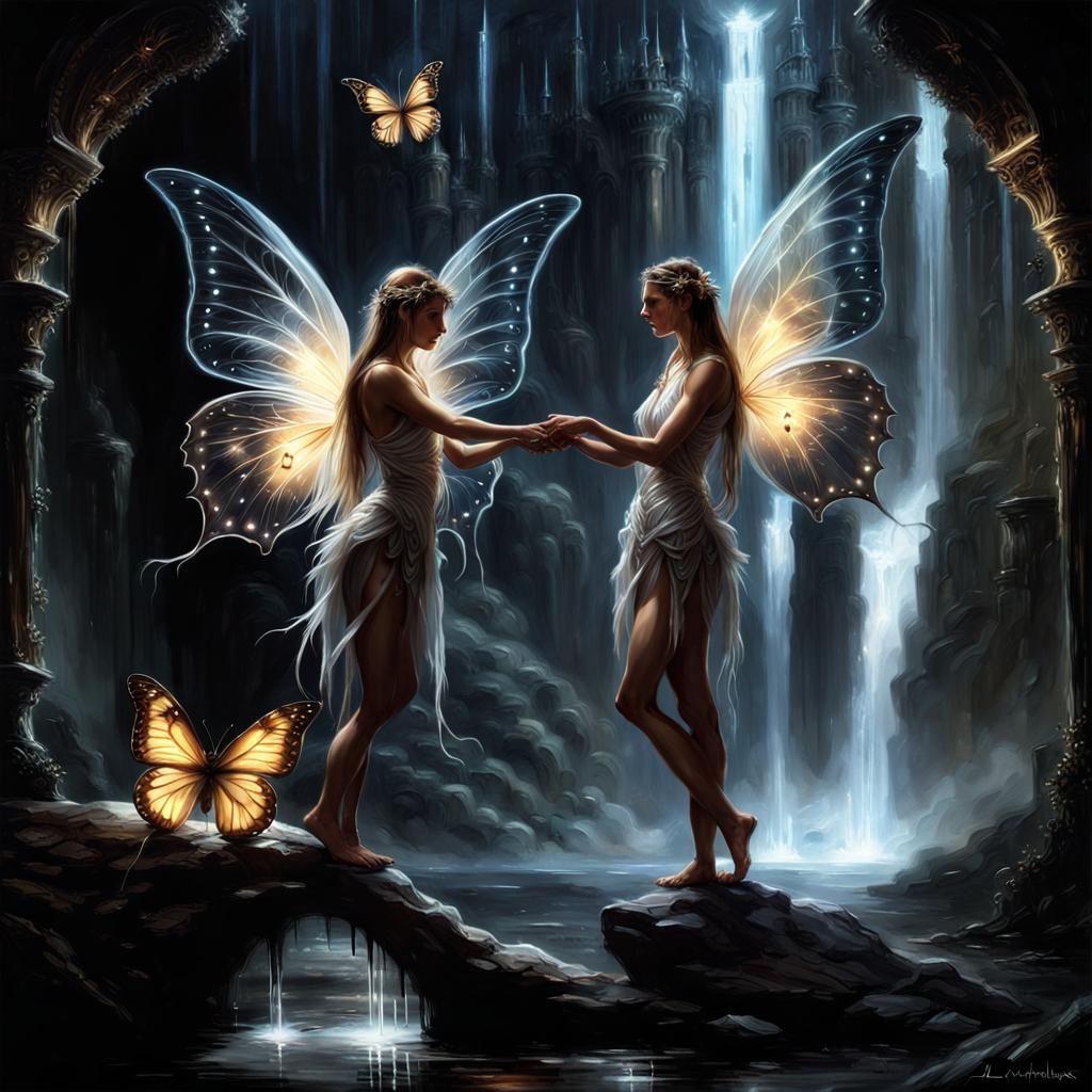 Fairies, Waterfalls, and Castle in Fantasy Art