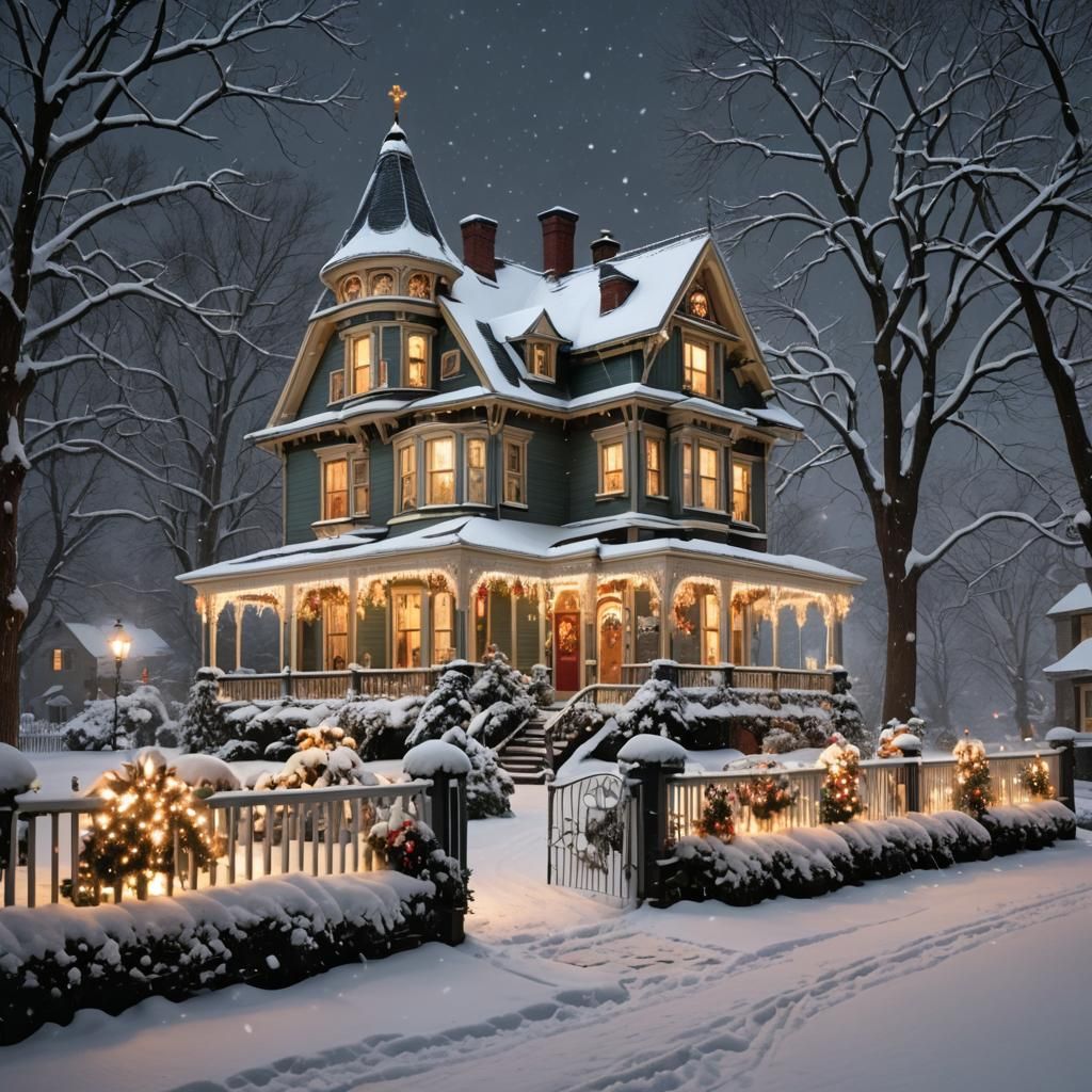 Victorian Christmas House in Winter Snow
