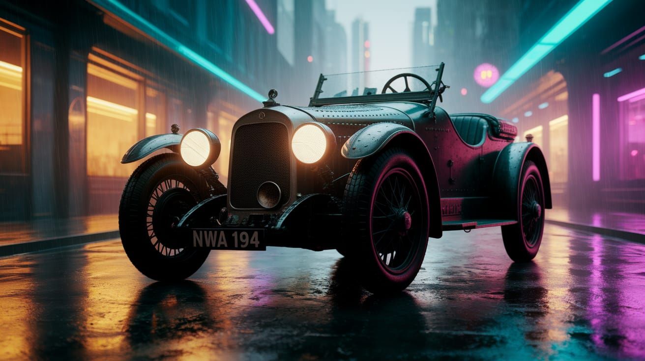 Minerva Machine Gun Car in Rainy Alley, Watercolor