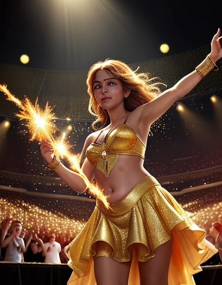 "Sun-kissed gold dust motes dance around her, a halo spun from backstage lights. Her gaze, a molten amber reflection of ...