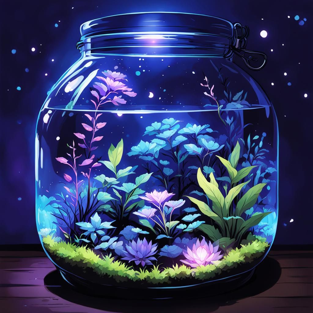 Glowing Bioluminescent Terrarium at Night in Anime Style