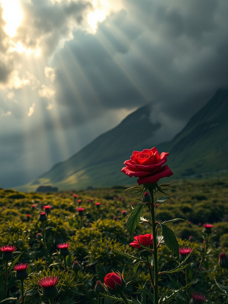 Majestic Red Rose Blooms in Glen Coe Landscape Art