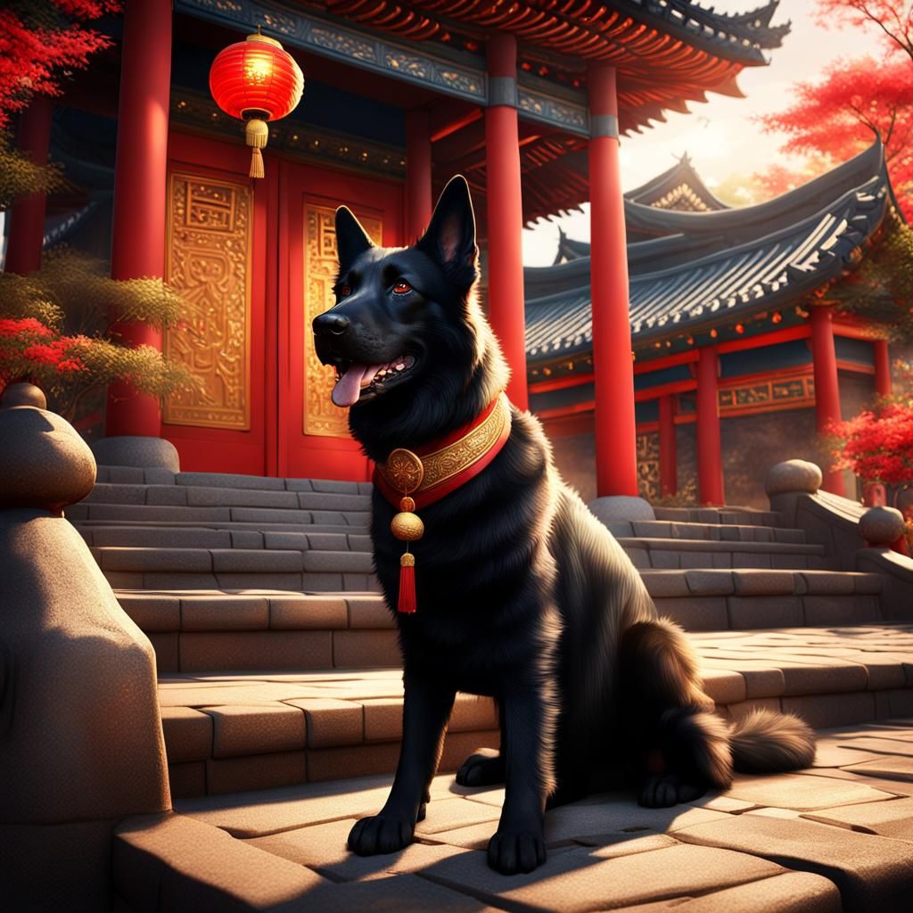 In Joseon Korea, one black German Shepherd sits on the steps leading up to a temple. There are intricate red and gold ac...