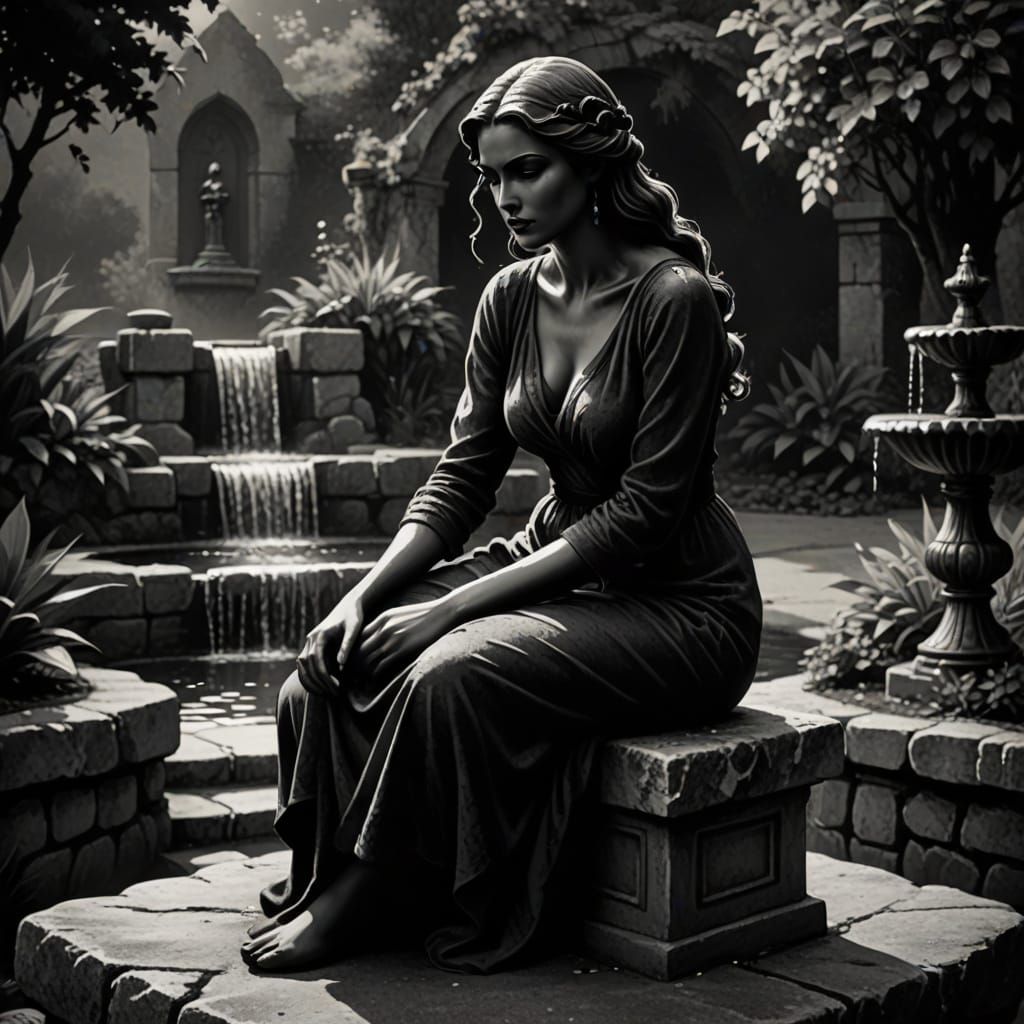 Noir Siren by Village Fountain in Grayscale