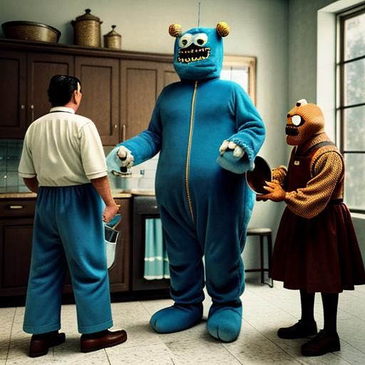 Monster Costume Dishwashing: Vintage Professional Photograph