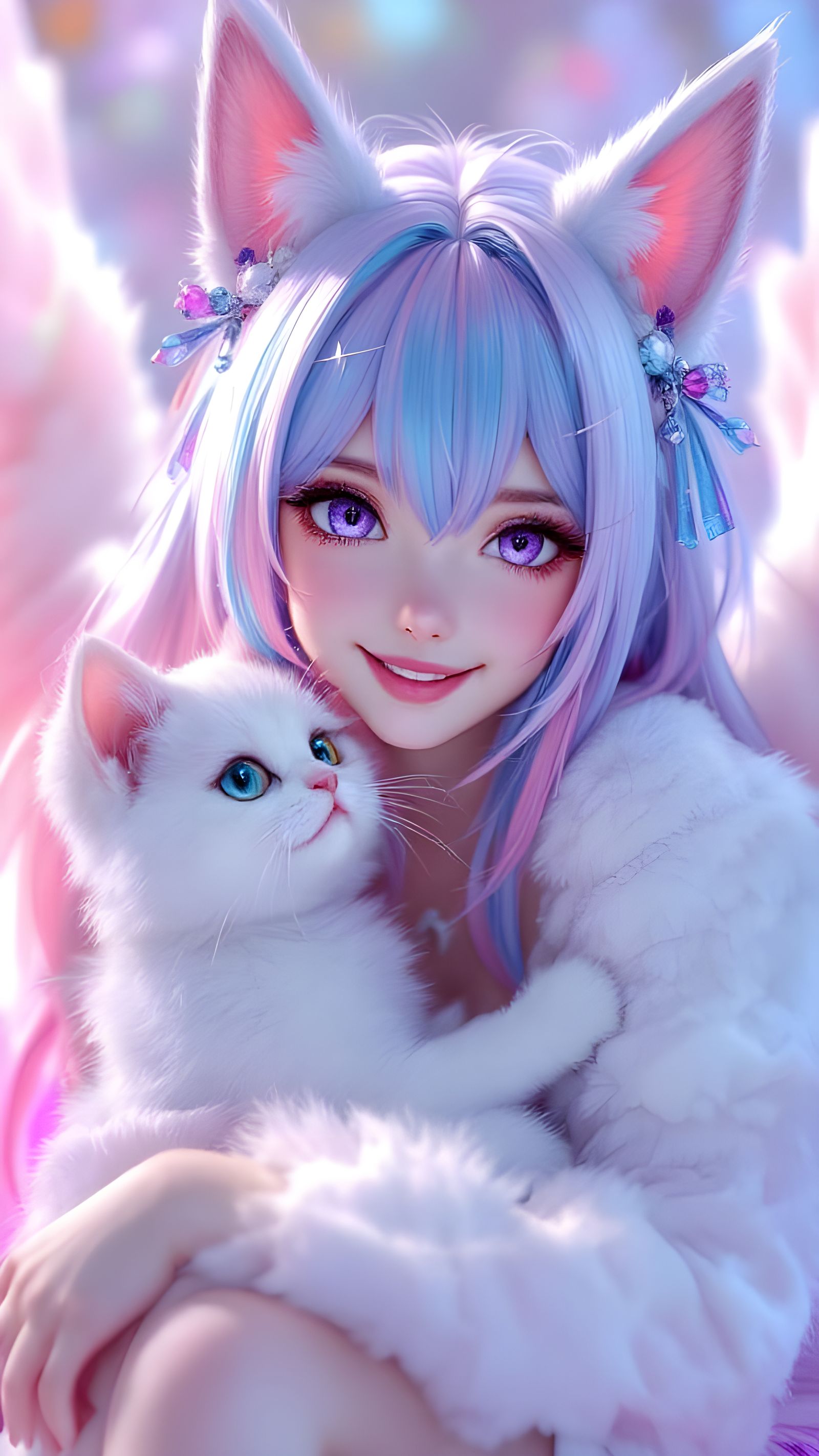 Anime Girl with Cat in 3D Style