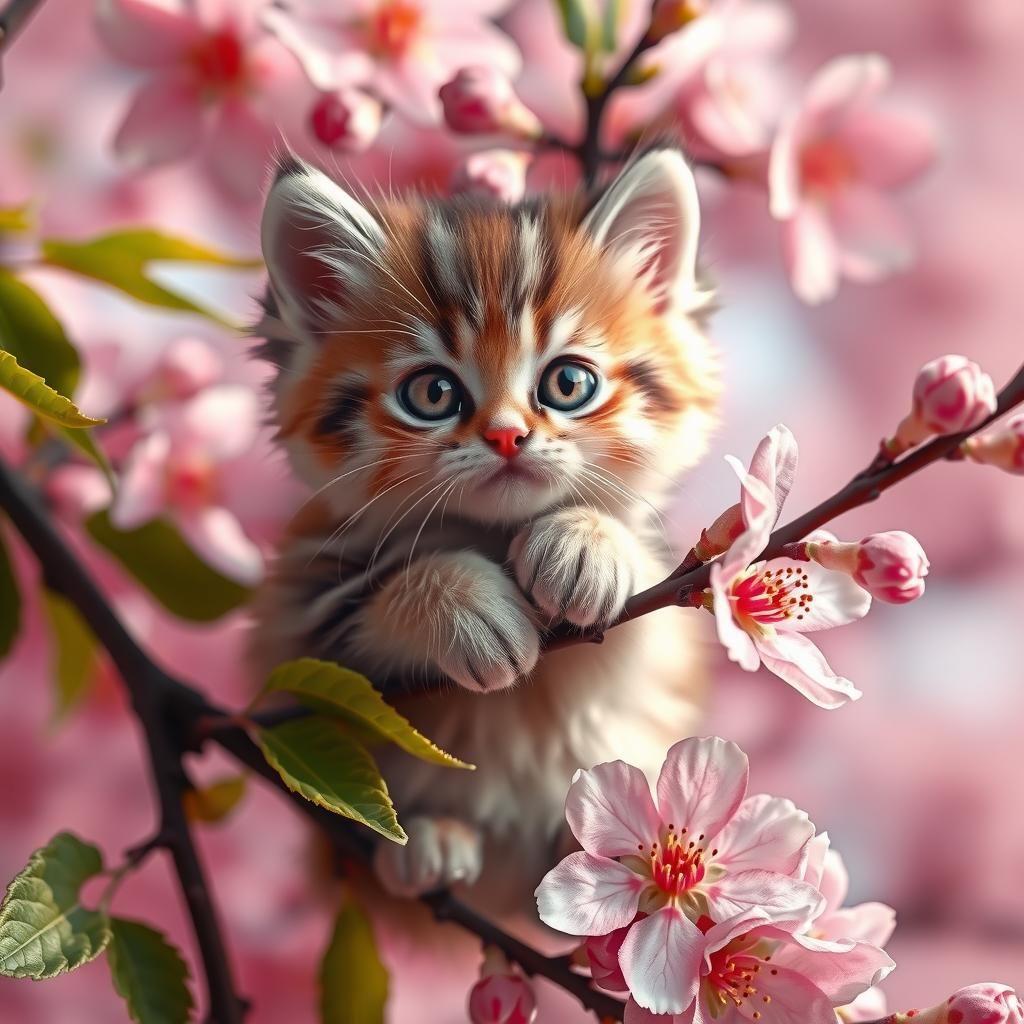 Fluffy Kitten in Cherry Blossom Tree, Hyperrealistic Renderi...
