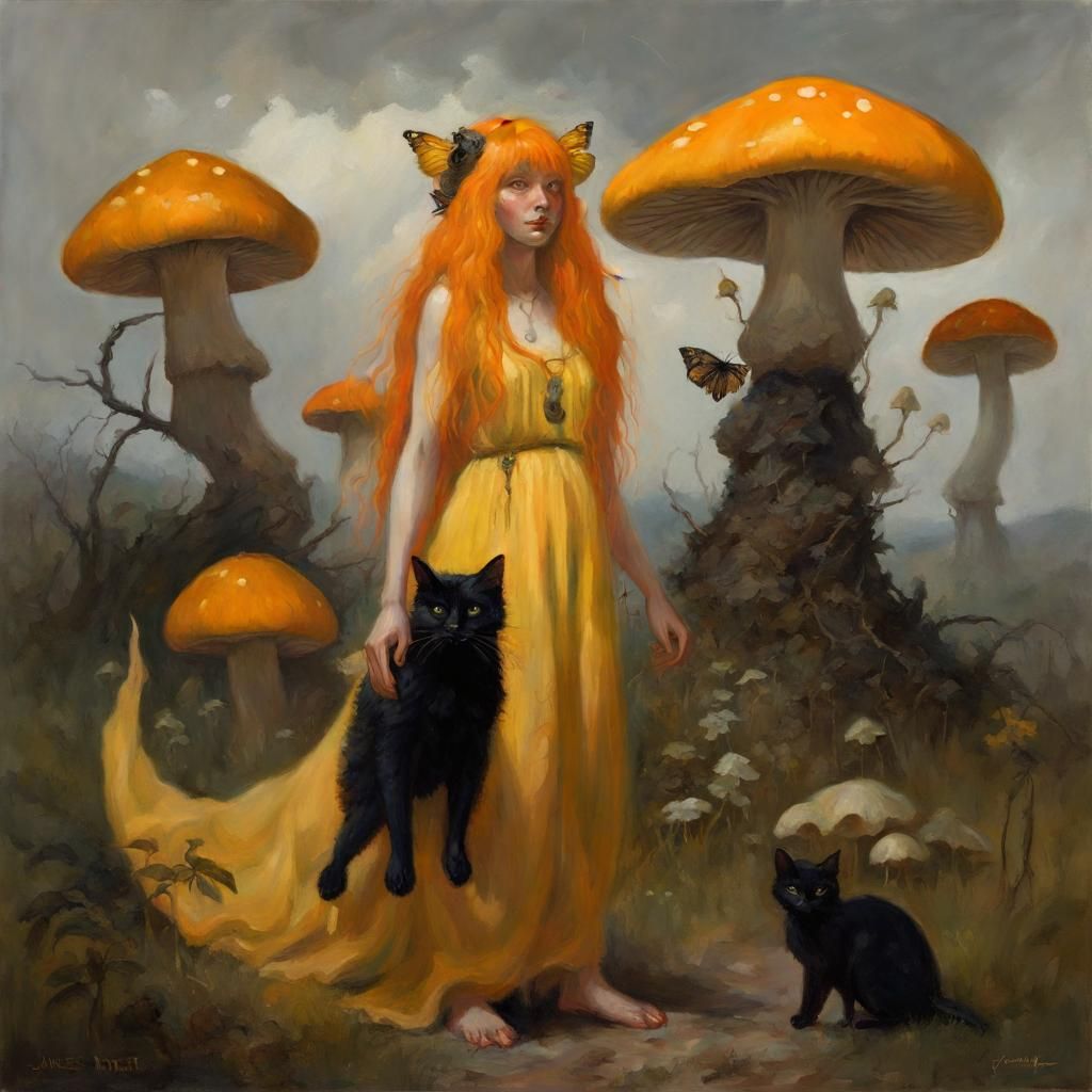 Mushroom Witch with Caterpillar, as Oil Painting