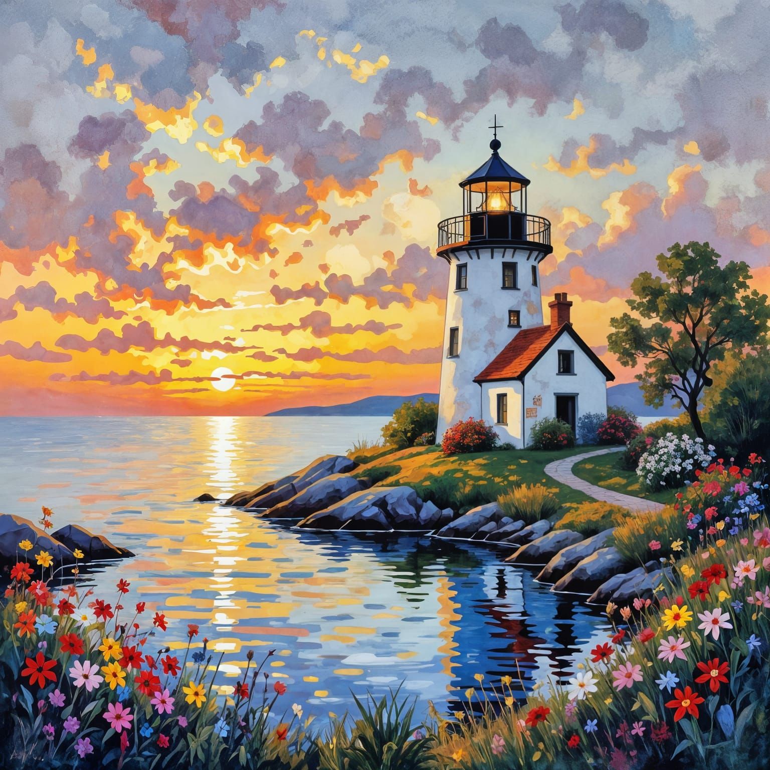 Sunset Lighthouse in Klimt-Inspired Watercolor