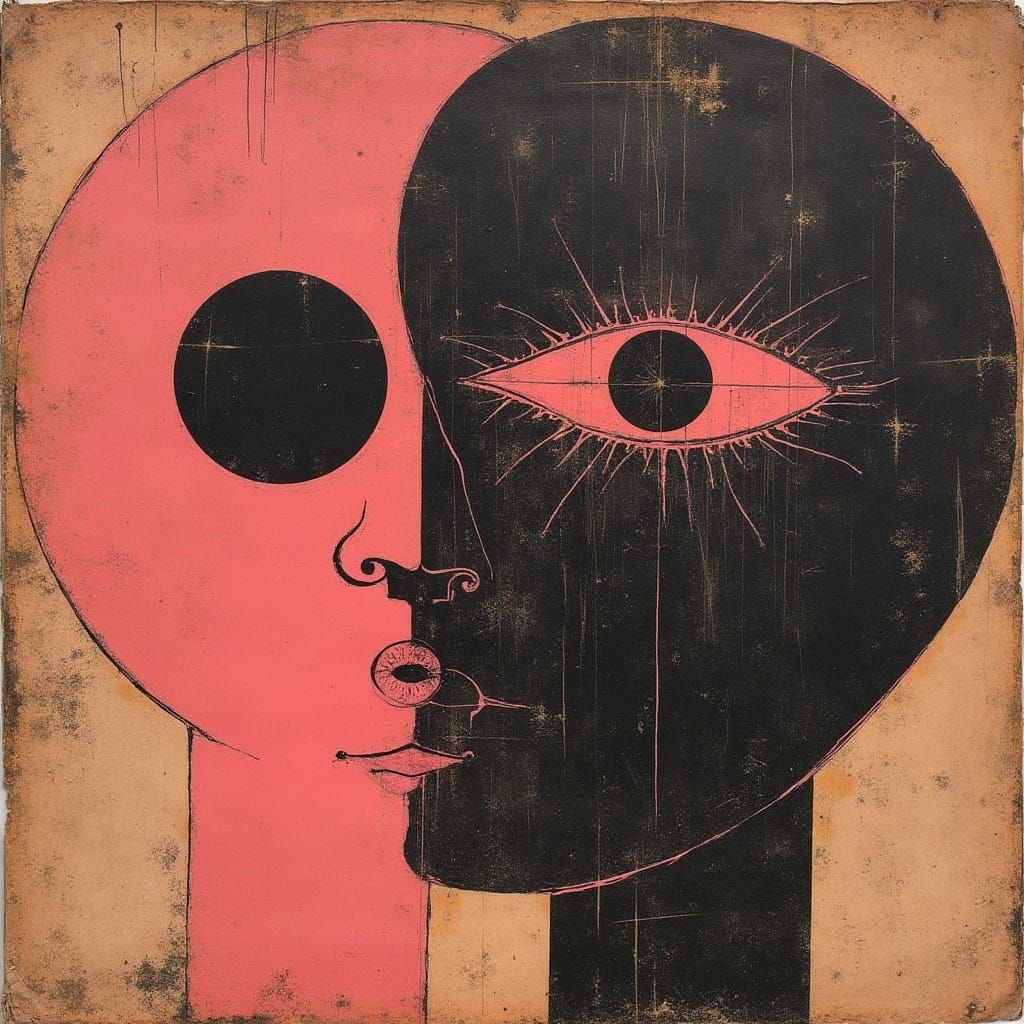 Surreal, Stained Album Cover in Vibrant Pink and Black