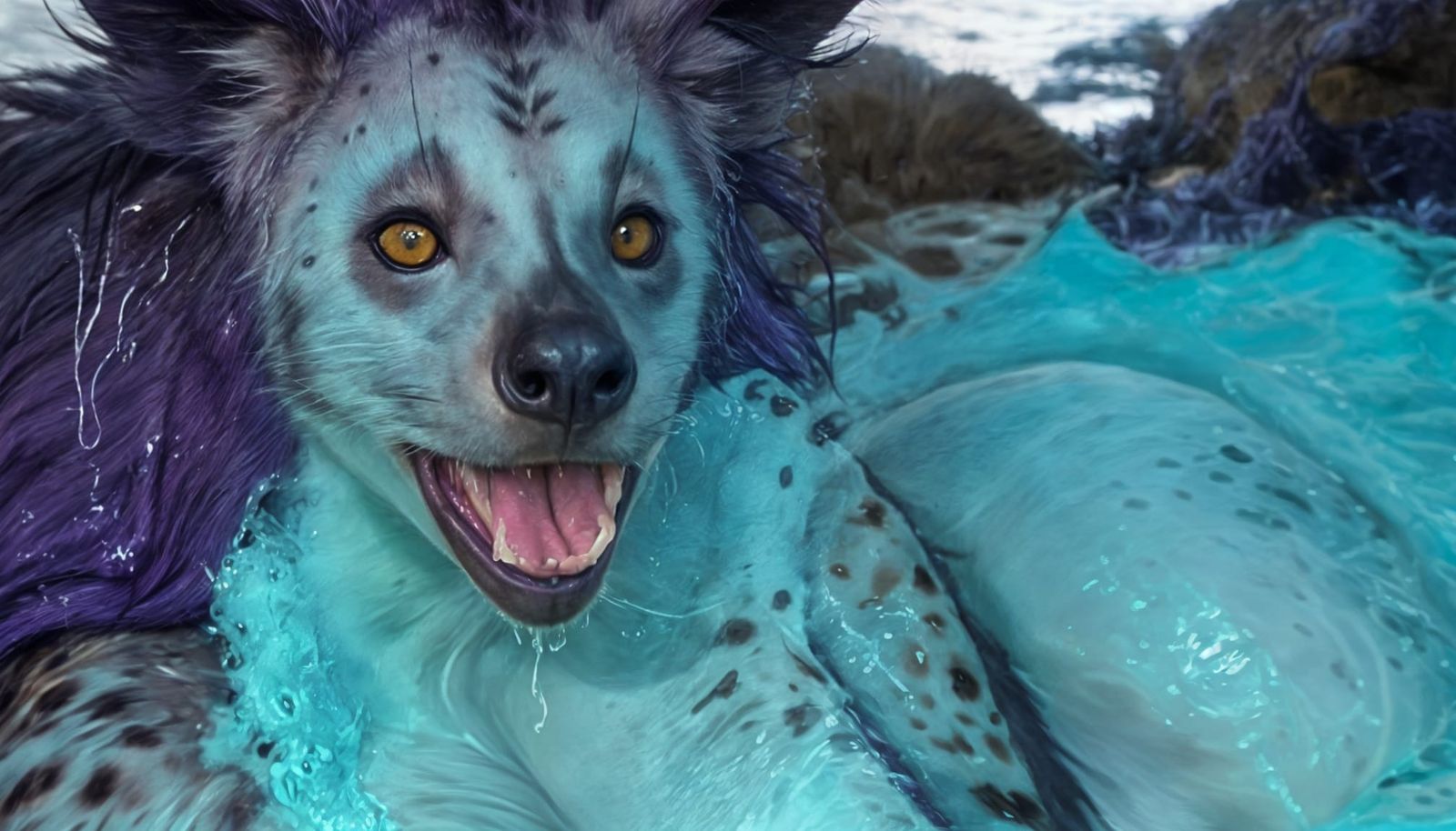 Surreal Furball Goddess Observes the Turquoise Foam from Abo...