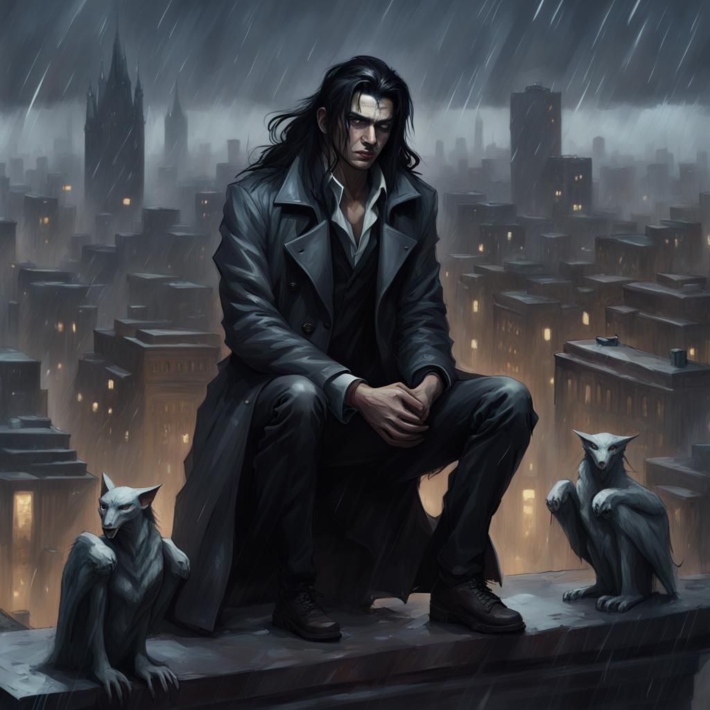 Vampire on Rookery in Rainy City, Hyperrealistic Art