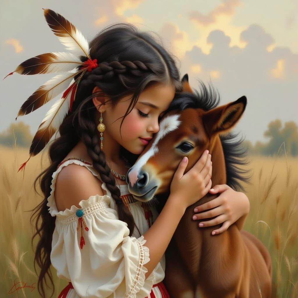 Sioux Girl Nuzzling Foal in Fantasy Painting