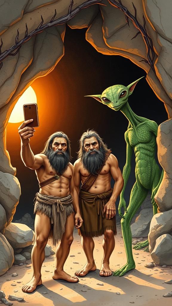 Neanderthal Selfie Interrupted by Goofy Alien