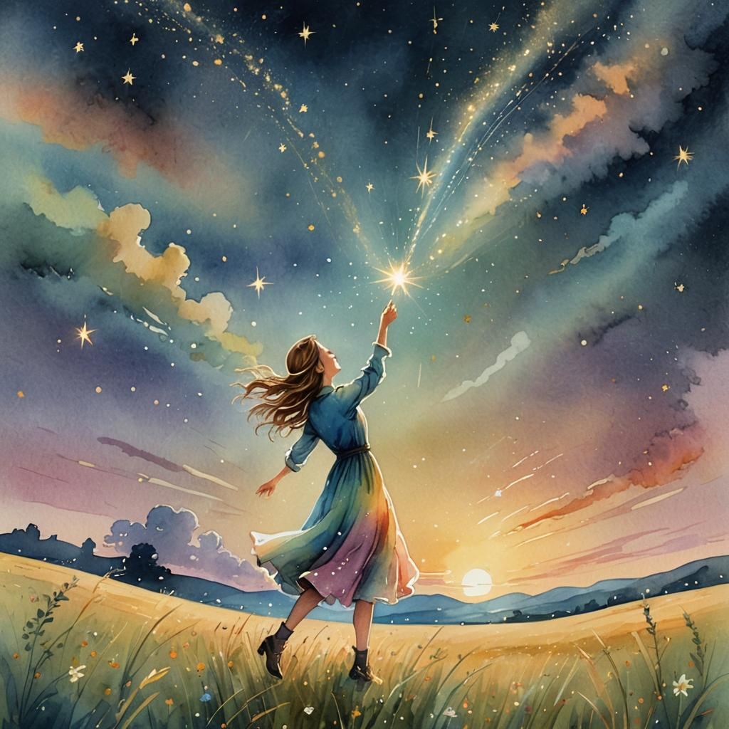 Catching a Falling Star in Watercolor Style