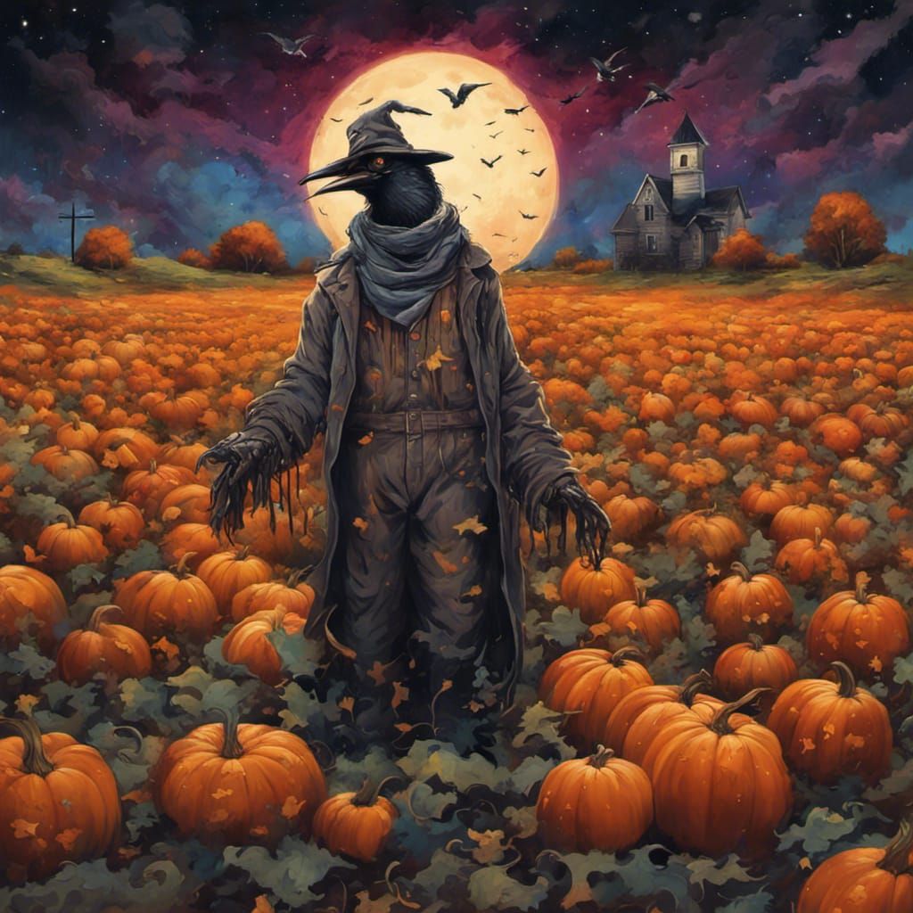 Scarecrow in Pumpkin Field: Graffiti Art Under Night Sky