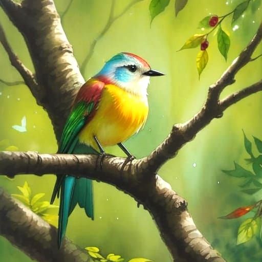 Colorful Fairy on Branch with Water Splash