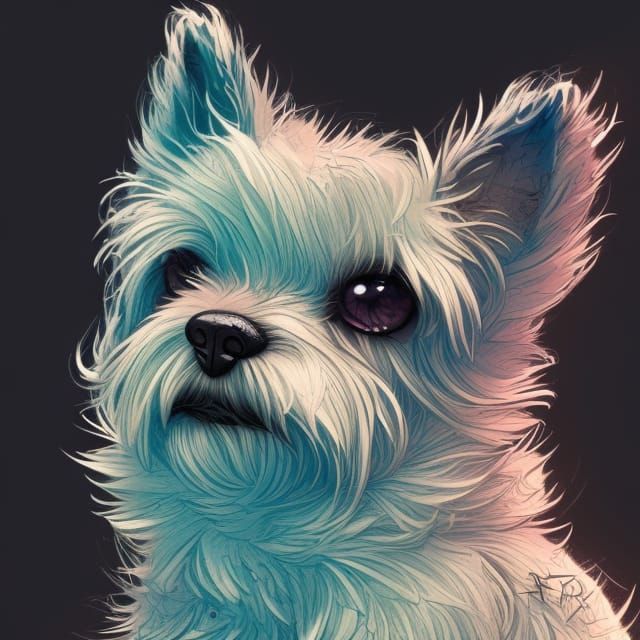 Fluffy Dog Portrait with Pastel Colors and Dark Outlines