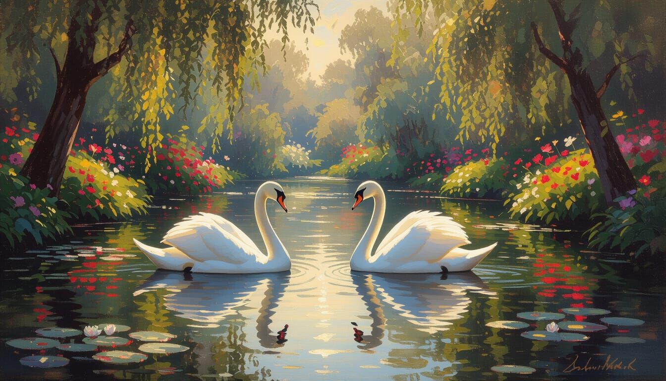Elegant Swans in Monet-Inspired Garden Lake