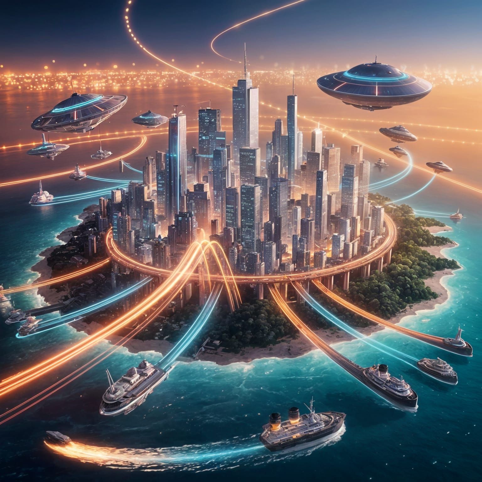 Bokeh Futuristic Cityscape on an Island with Flying Saucers ...