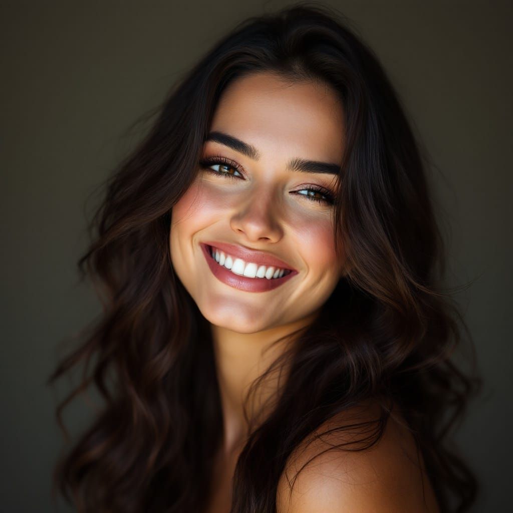 Charming Woman with Cascading Hair Gives a Wink