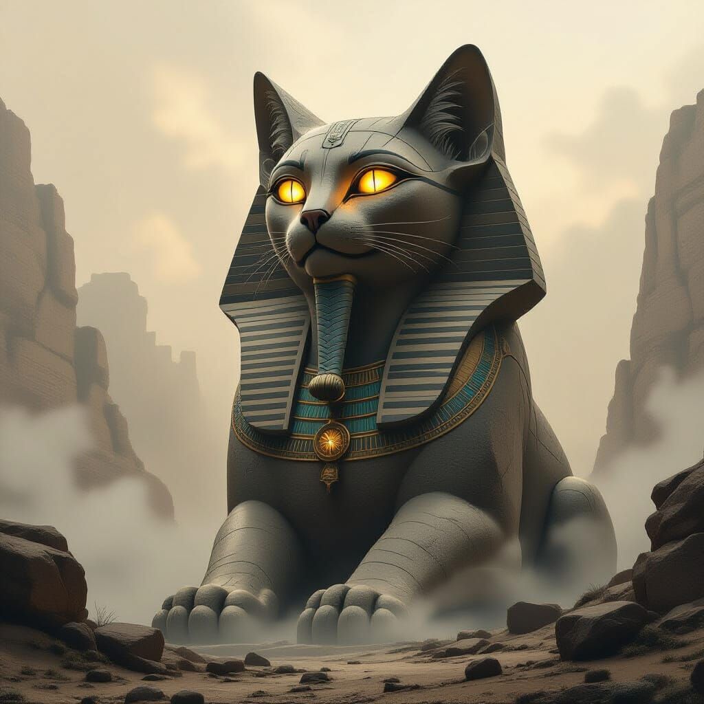 Ancient Stone Cat Sculpture in Misty Valley