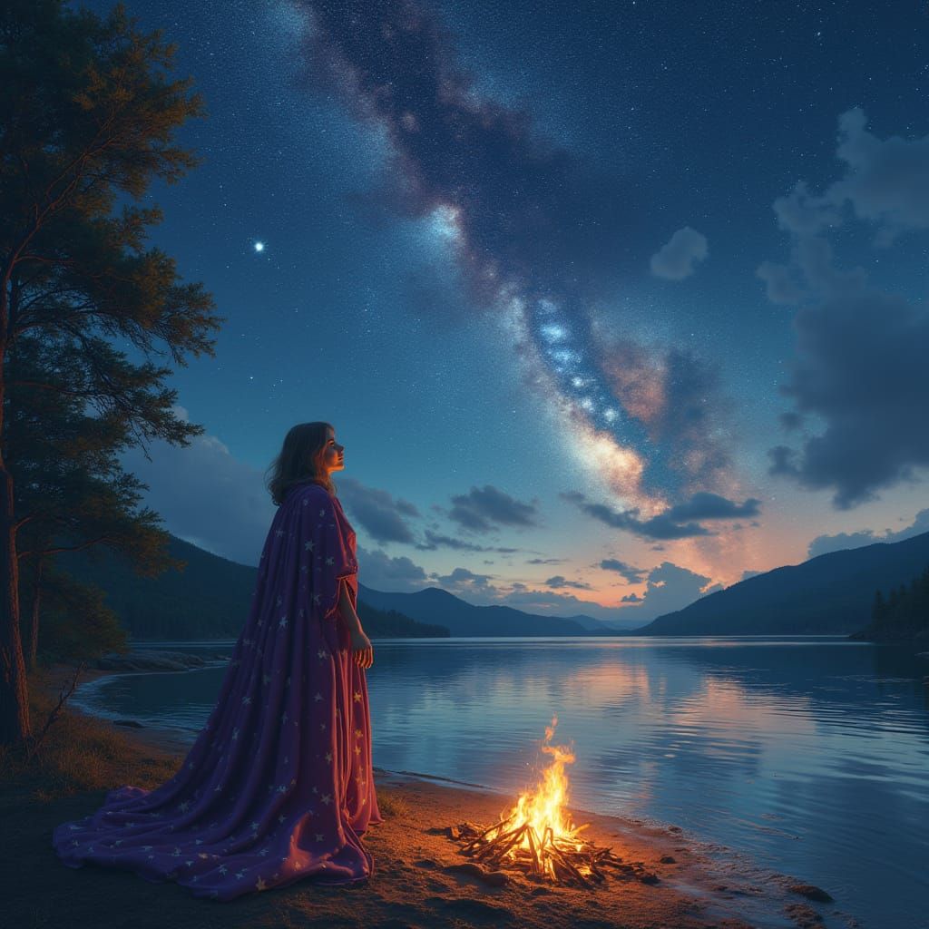 Enchanted Summer Night with a Mystical Woman and Campfire