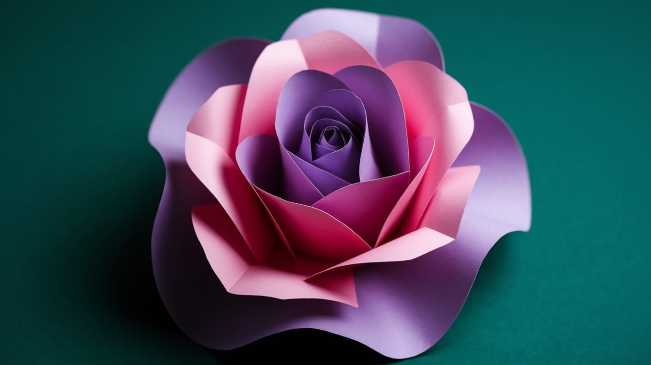 Paper-Crafted Rose in Vibrant Hues Against Green Background