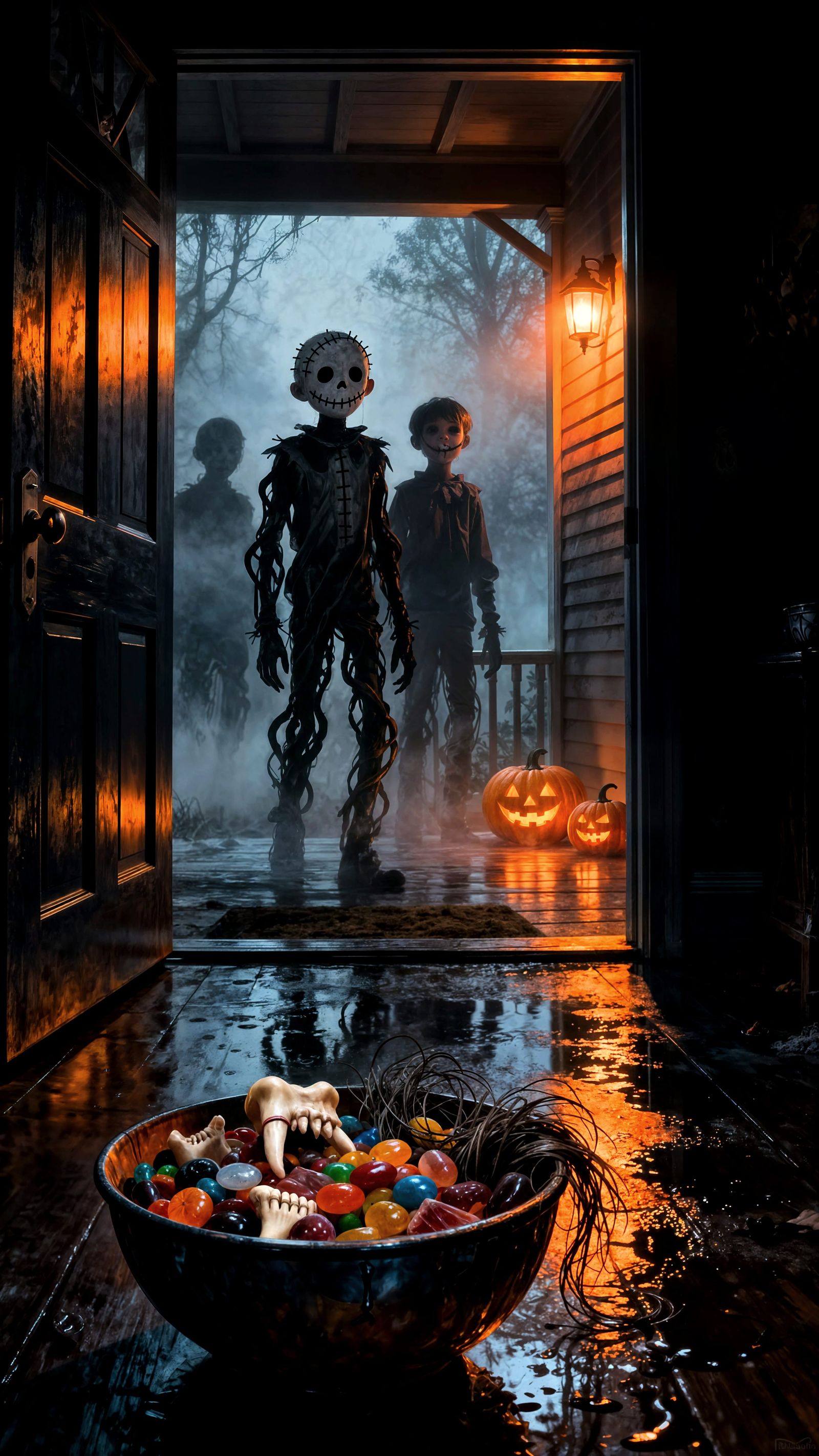 Creepy Halloween Scene: Twisted Trick-or-Treaters in Dark Ho...