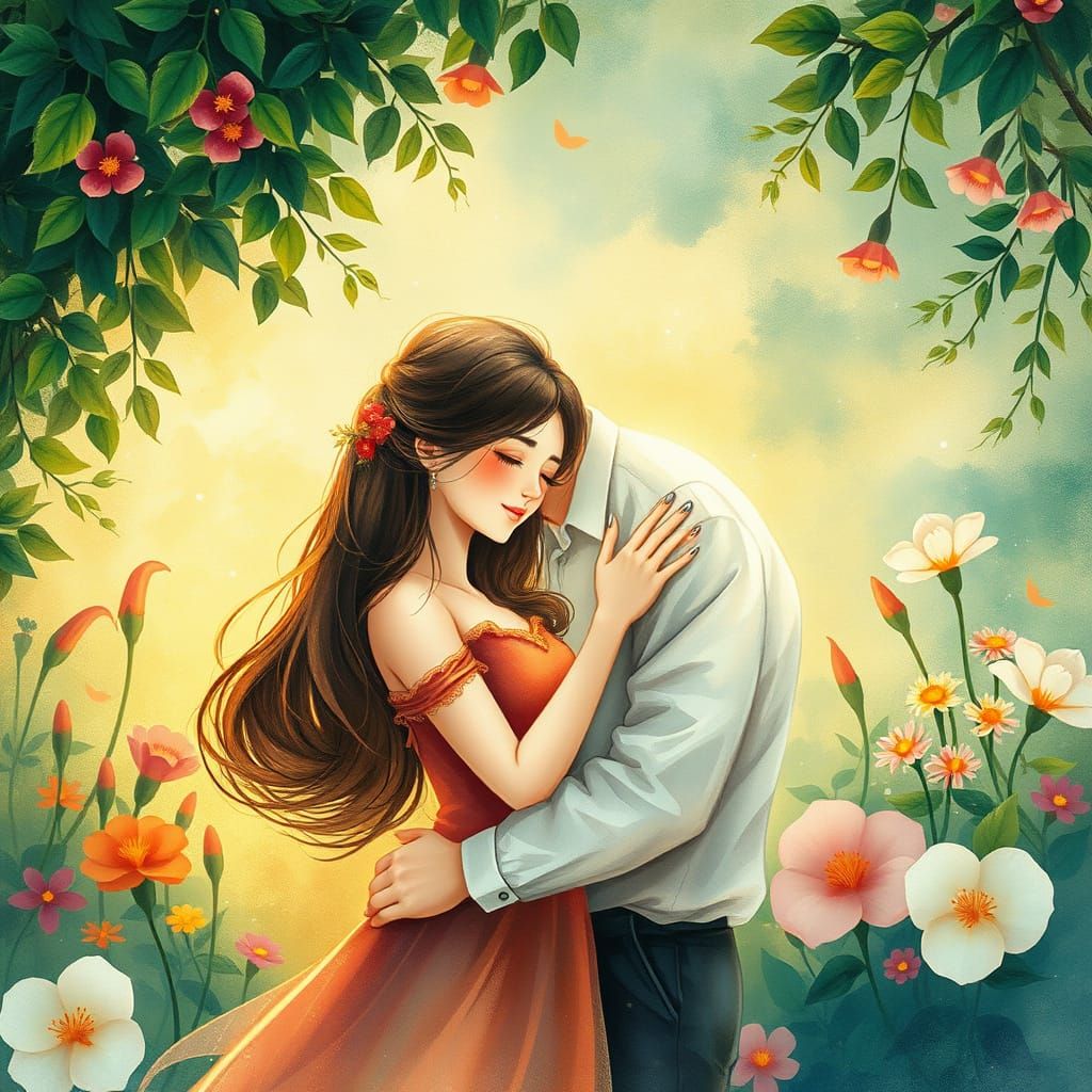 Whimsical Watercolor Couple in Lush Nature