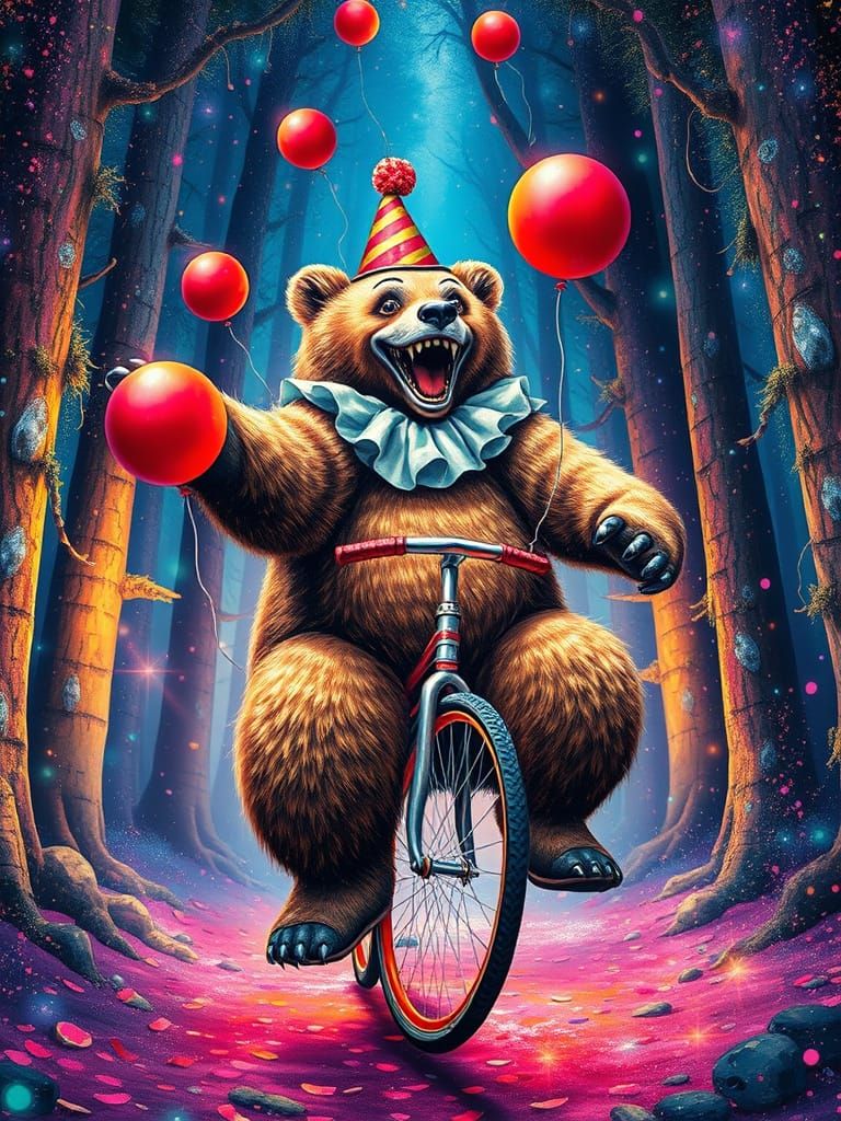Surreal Clown Bear Juggles on Unicycle in Ethereal Forest