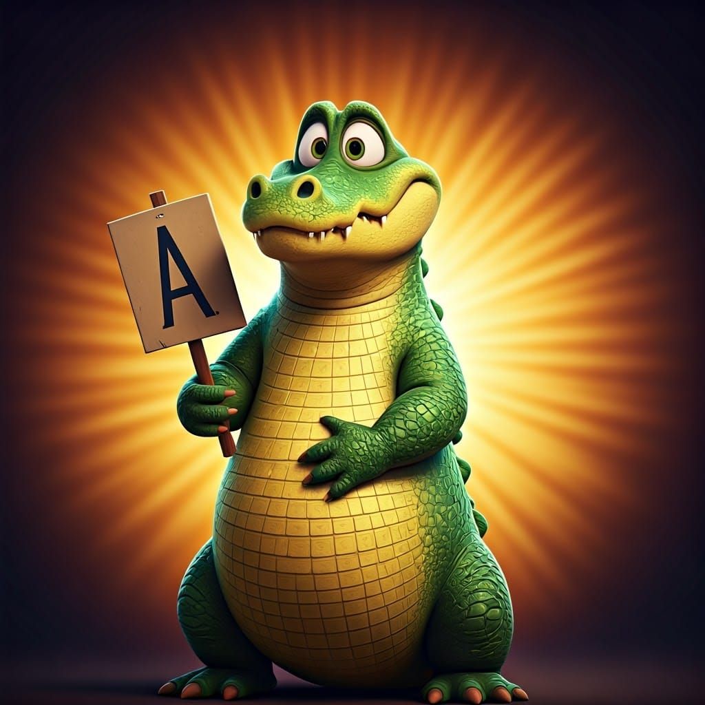 A Cartoon Alligator Displays a Bright Sign in a Vibrant Back...