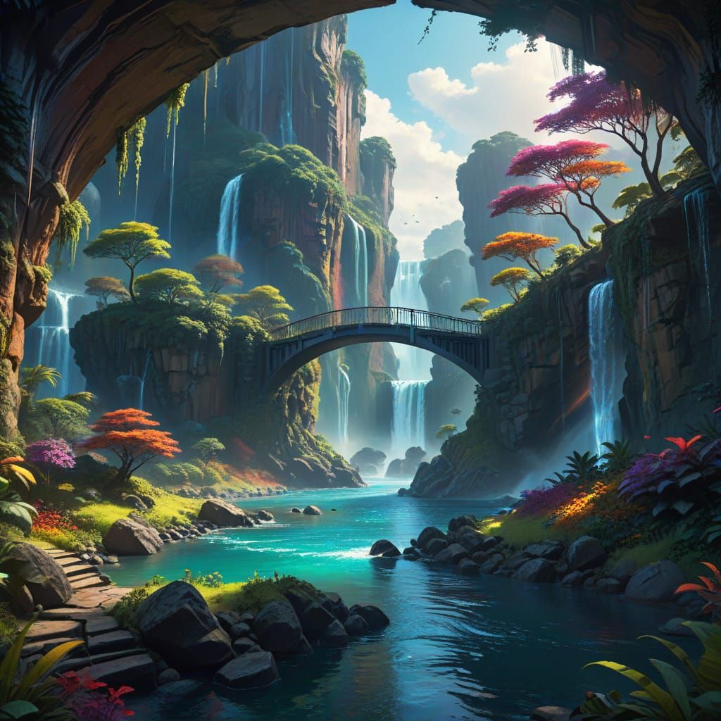 Ethereal Rainbow Bridge Connects Two Flying Islands in a Vib...