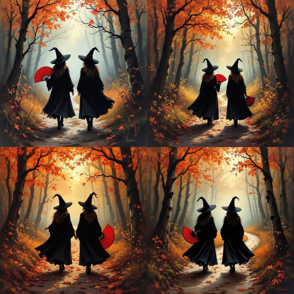 Two Witches Walk a Forest Path in Autumn Oil Painting