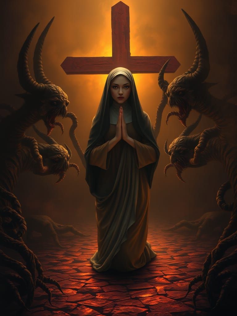 Nun Praying at Crossroads in Dark Fantasy Style