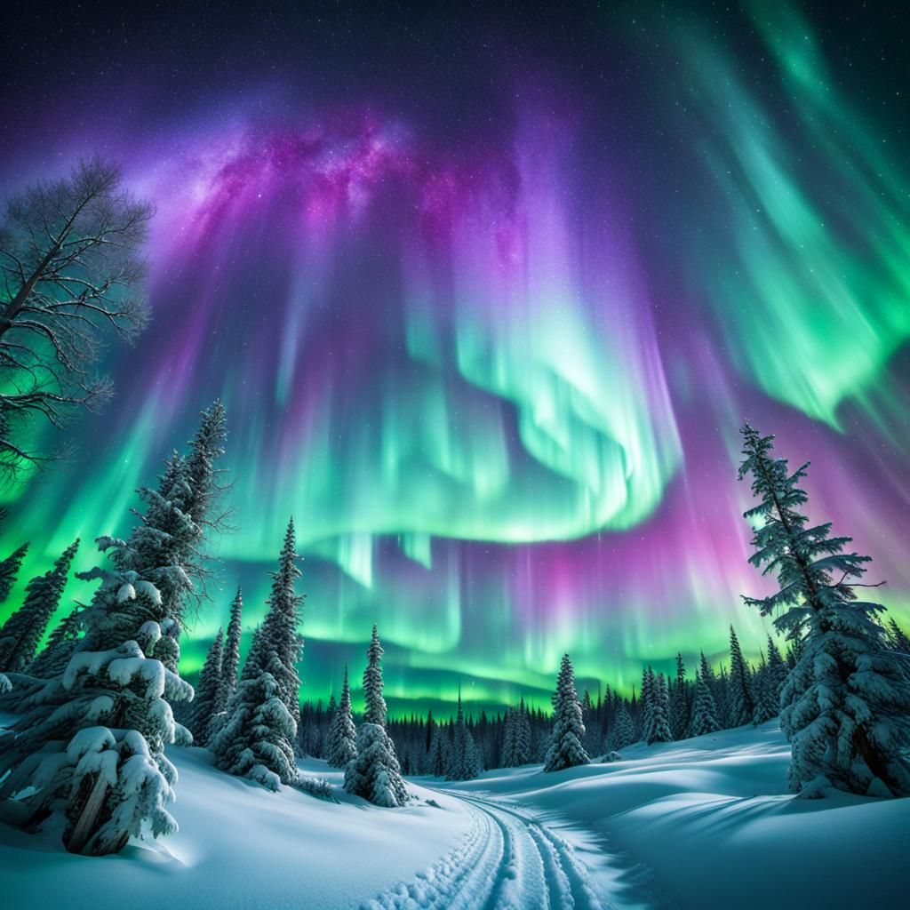 Spectacular Northern Lights Display Over Snowy Landscape