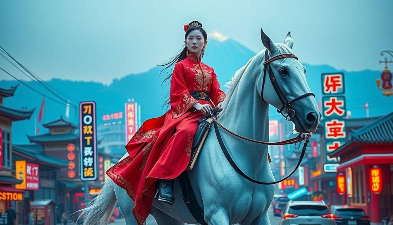 Android in Hanfu on Horse in Cyberpunk City