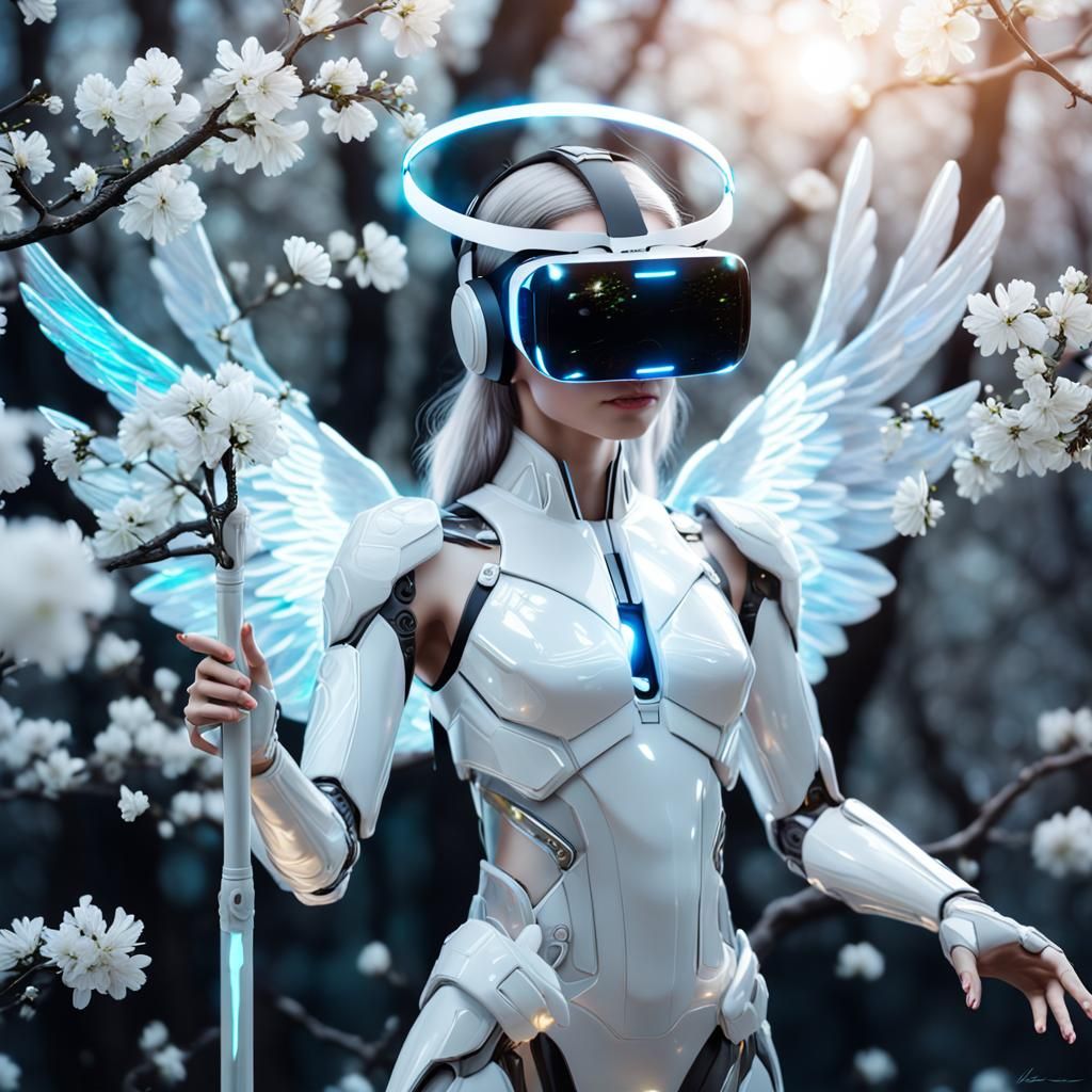 Futuristic Angel with Neon Halo and VR Headset
