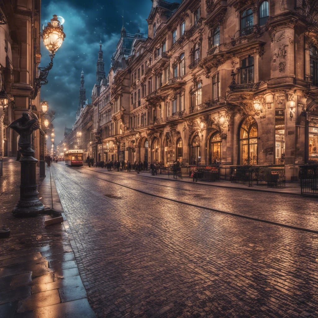 Romantic Winter Night in European City, Digital Art