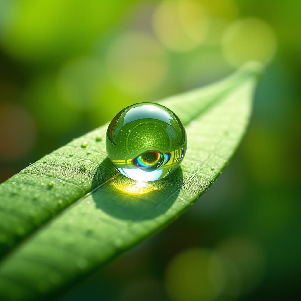 Hyperrealistic Macro Shot of Dewdrop on Green Leaf