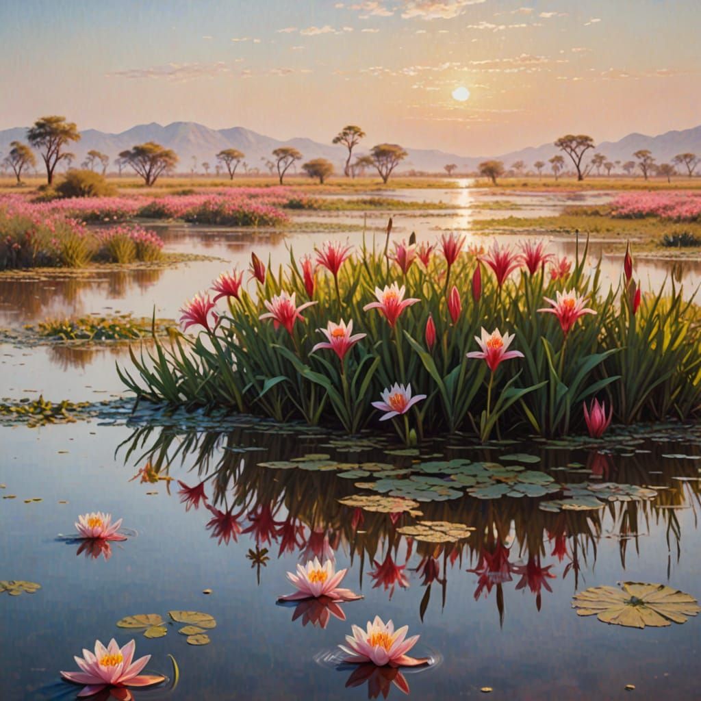 Impressionist Lilies in Namibian Semi-Desert Landscape