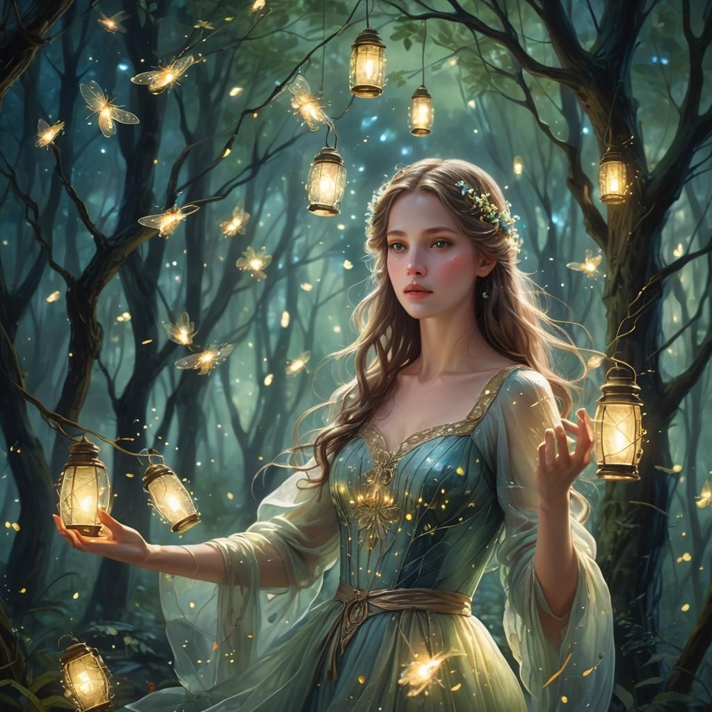 Elegant Maiden with Lantern in Enchanted Forest
