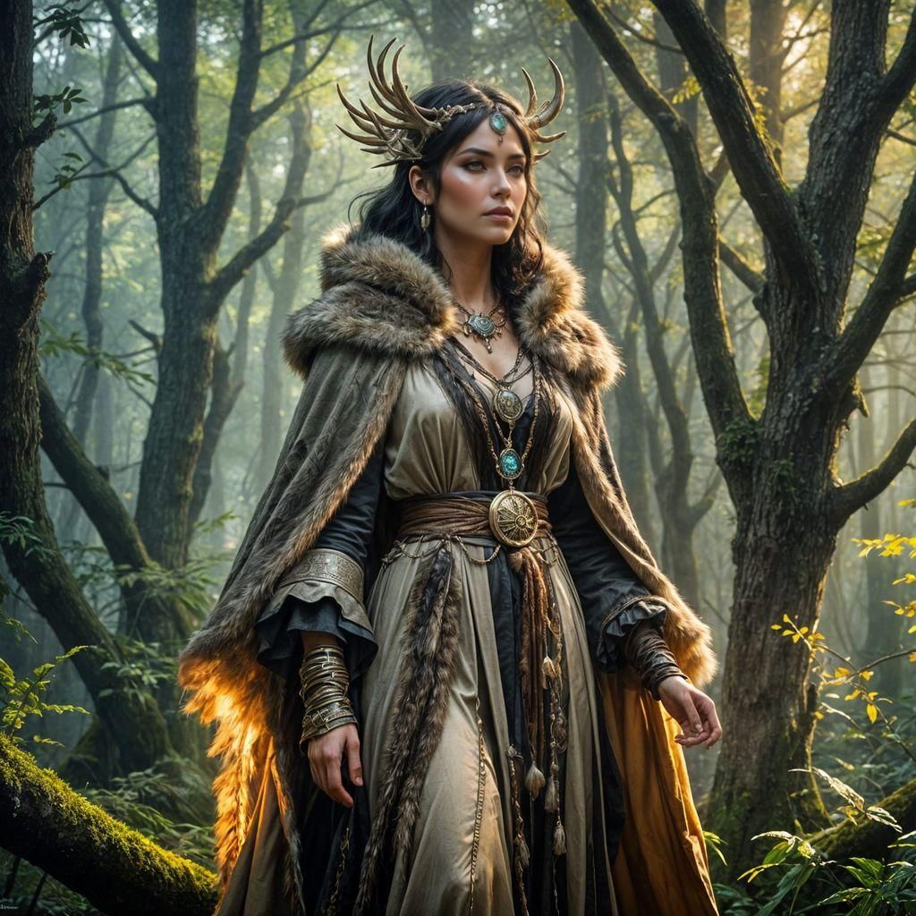 Fantasy Druid Shaman in Enchanted Forest