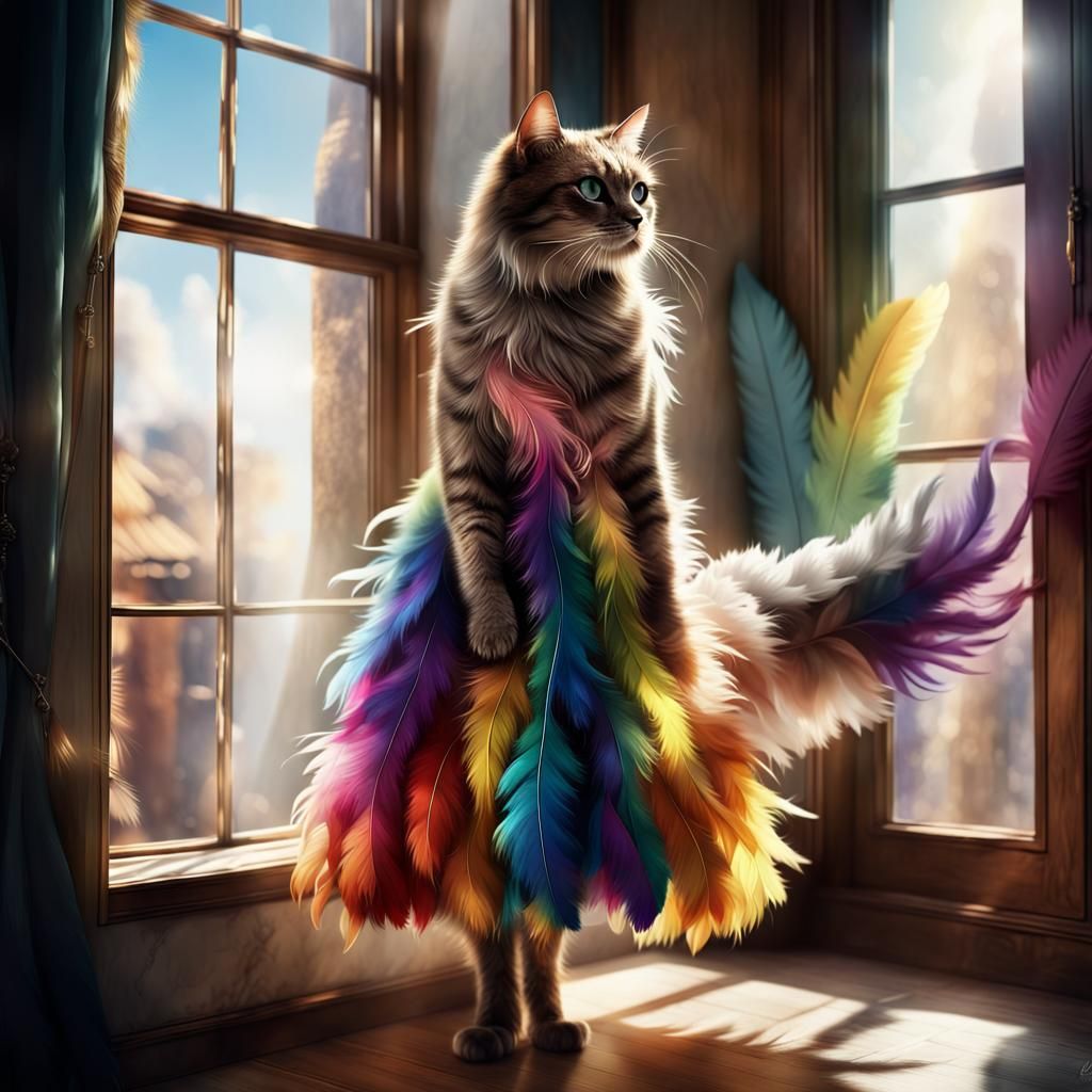 Fluffy Cat in Rainbow Feather Dress Portrait